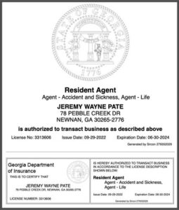 Jeremy Pate's Georgia State Insurance License