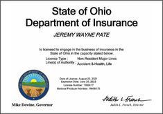 Jeremy Pate's Ohio State Insurance License