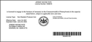 Jeremy Pate's Pennsylvania State Insurance License