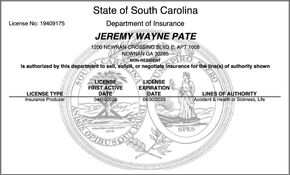 Jeremy Pate's South Carolina State Insurance License