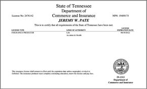 Jeremy Pate's Tennessee State Insurance License