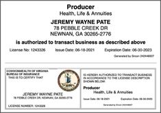 Jeremy Pate's Virginia State Insurance License